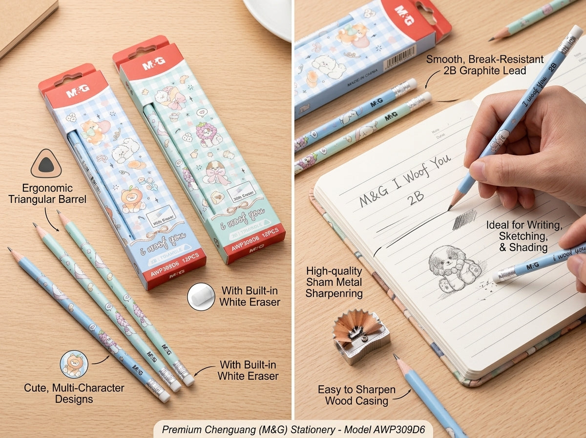 M&G Chenguang Woof You 2B Triangle Wooden Pencils with Eraser – 12-Pack, Cute Animal Design, Break-Resistant, Smooth Writing  - No: AWP309D6