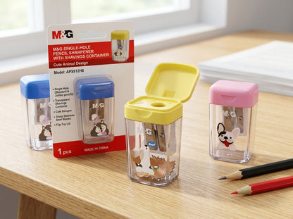 M&G Chenguang Single-Hole Pencil Sharpener with Shavings Container – Cute Animal Design, Manual Sharpener for Standard & Colored Pencils - 1pcs - No: APS912H8
