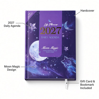Mofakera Moon Magic Hardcover Daily Agenda 2027 – Premium Planner with Gift Card & Bookmark - Size: A5 - Purple (Agenda)
