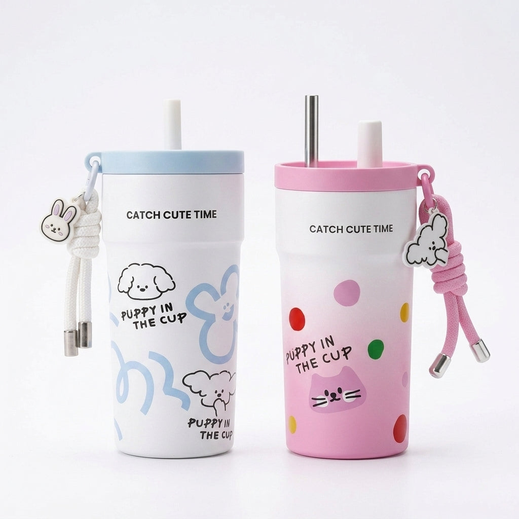 500ml Stainless Steel Insulated Tumbler with Straw & Tea Infuser – Puppy Design, Leakproof Thermal Travel Cup
