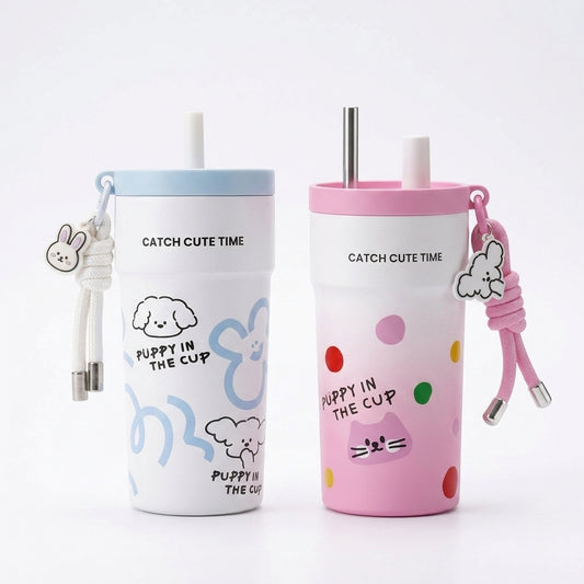 500ml Stainless Steel Insulated Tumbler with Straw & Tea Infuser – Puppy Design, Leakproof Thermal Travel Cup
