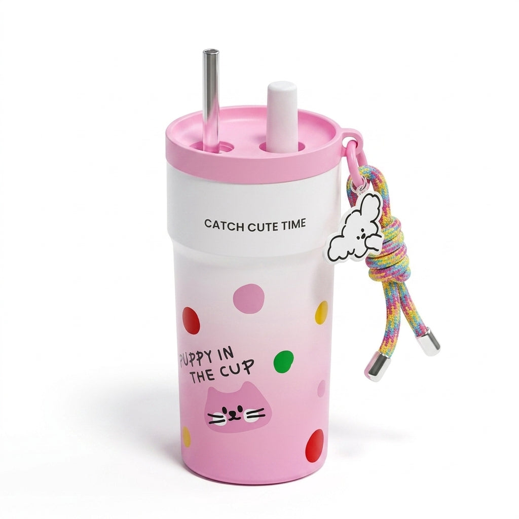 500ml Stainless Steel Insulated Tumbler with Straw & Tea Infuser – Puppy Design, Leakproof Thermal Travel Cup