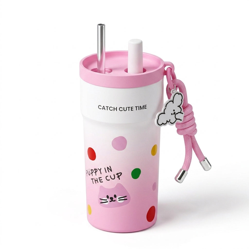 500ml Stainless Steel Insulated Tumbler with Straw & Tea Infuser – Puppy Design, Leakproof Thermal Travel Cup