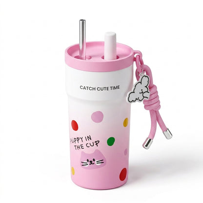 500ml Stainless Steel Insulated Tumbler with Straw & Tea Infuser – Puppy Design, Leakproof Thermal Travel Cup