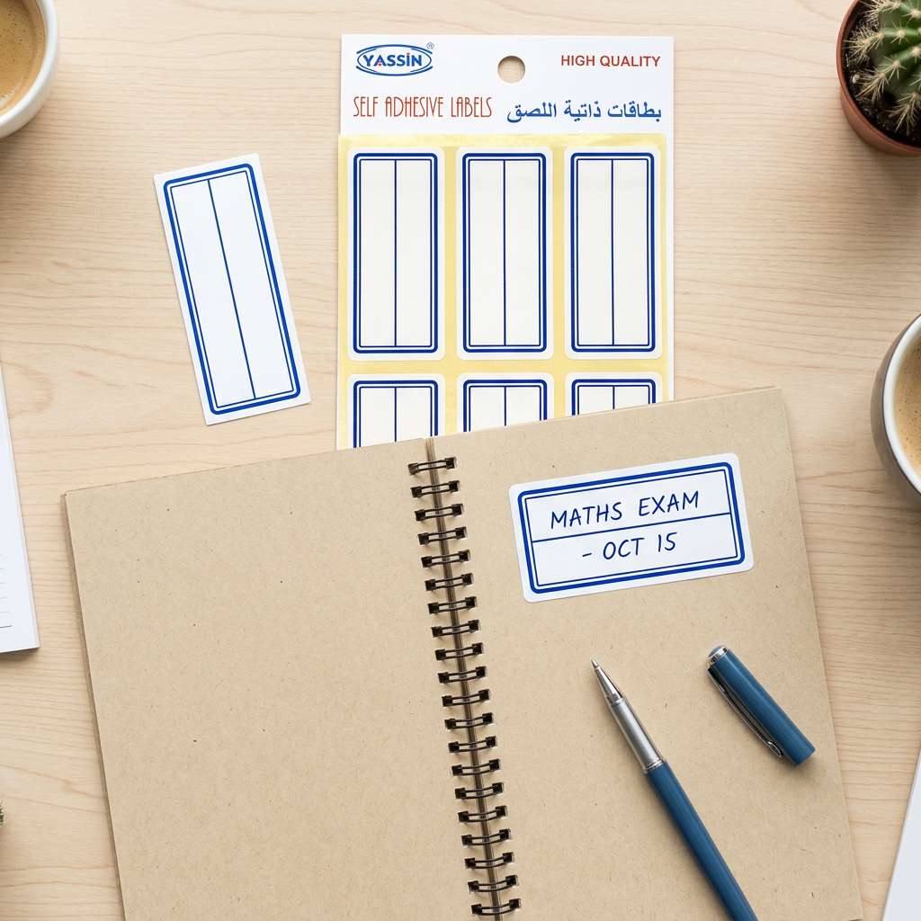 Yassin white bordered labels pack flatlay with handwritten label and pen