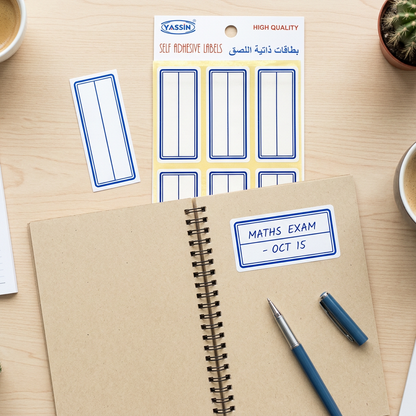 Yassin white bordered labels pack flatlay with handwritten label and pen