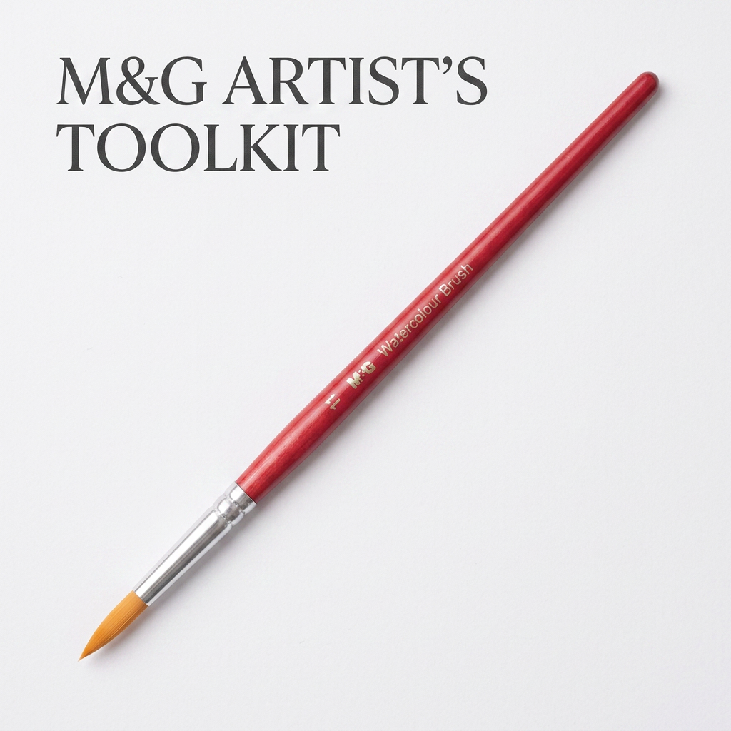 M&G watercolor round brush size 11 flatlay with palette and swatches