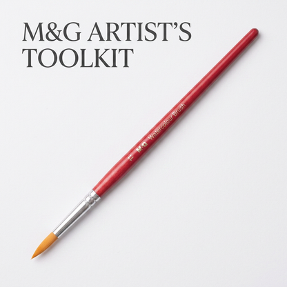 M&G watercolor round brush size 11 flatlay with palette and swatches