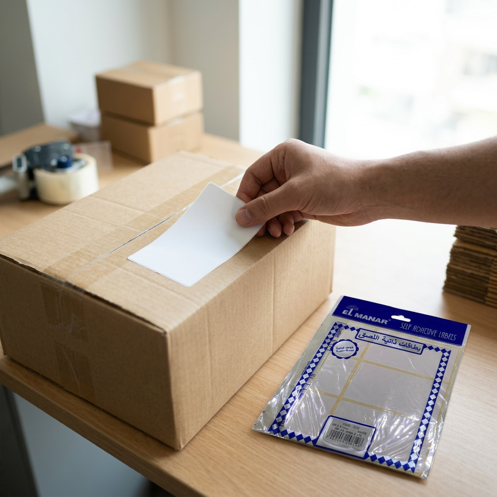 Applying El Manar white 100x52mm label to a shipping carton