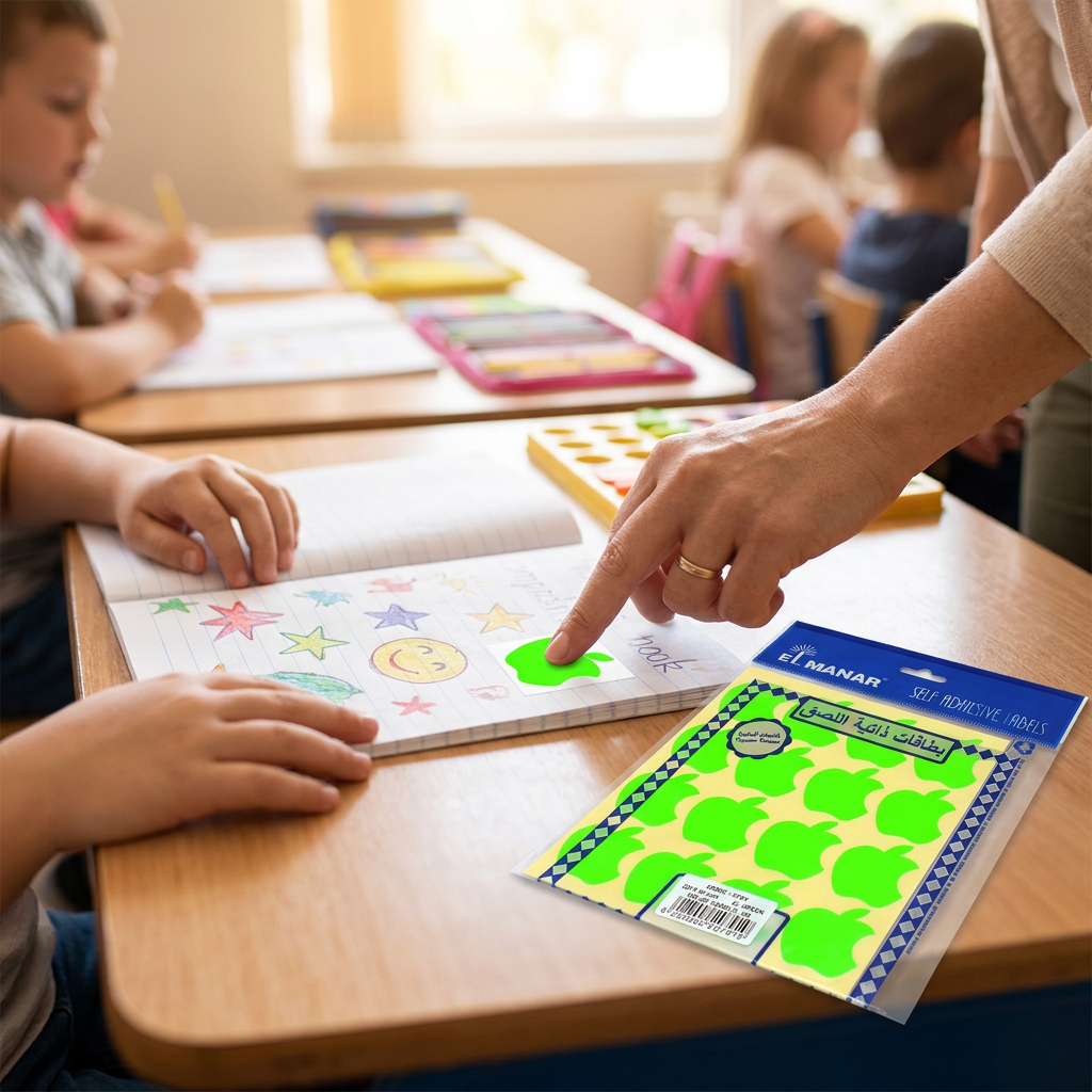 Teacher placing an El Manar green apple reward sticker on a notebook