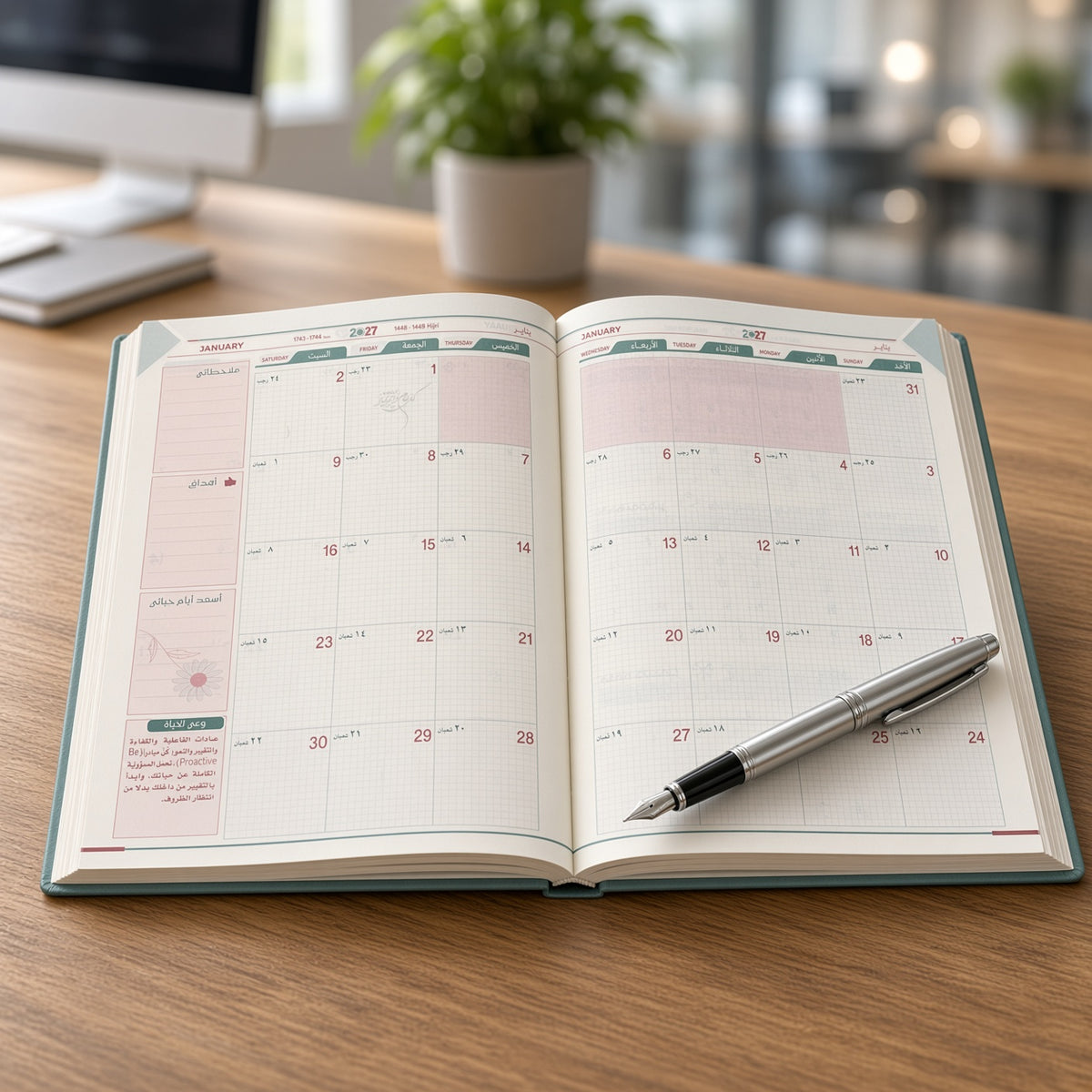 Monthly planner for 2027, B5 size - Arabic and English calendar, Hijri and Gregorian dates, blue cover - 1pcs