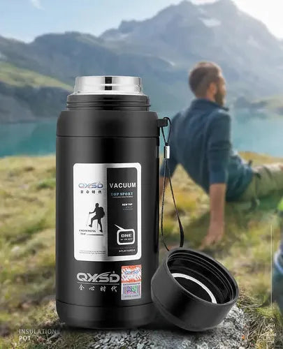QXSD Stainless Steel Vacuum Flask with Carrying Strap & Cup Lid – 1000ml – Double Wall Insulated Travel Bottle