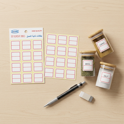 Yassin small white square labels pack flatlay with labeled jars