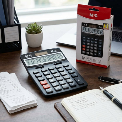M&G Chenguang MGC-AX12B Desktop Calculator, 12-Digit Display, Dual Power, Large Buttons, Auto Power Off – Black - No: ADG981J4