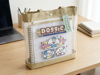 Doggie Transparent A4 Document Organizer Bag and Pencil Case with Handles  – Waterproof File Folder, Zipper & Snap Closure, School and Office Storage