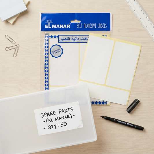 El Manar 118x67mm large labels pack flatlay with labeled storage box lid