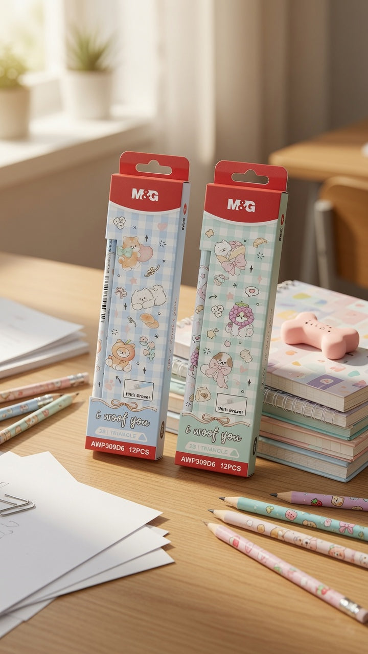 M&G Chenguang Woof You 2B Triangle Wooden Pencils with Eraser – 12-Pack, Cute Animal Design, Break-Resistant, Smooth Writing  - No: AWP309D6