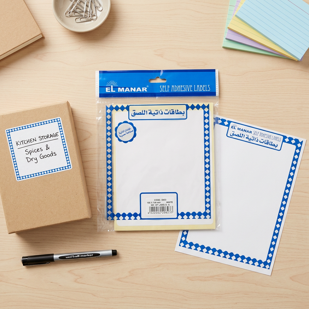 El Manar large white blank labels pack flatlay with handwritten box label