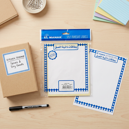 El Manar large white blank labels pack flatlay with handwritten box label