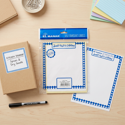 El Manar large white blank labels pack flatlay with handwritten box label