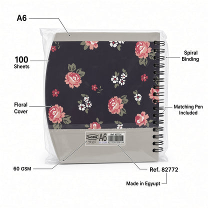Yassin A6 Spiral Notebook with Pen, 100 Sheets, 60 GSM, Smooth Lined Pages, Floral Cover – Assorted Designs - 1pcs - No: 82772