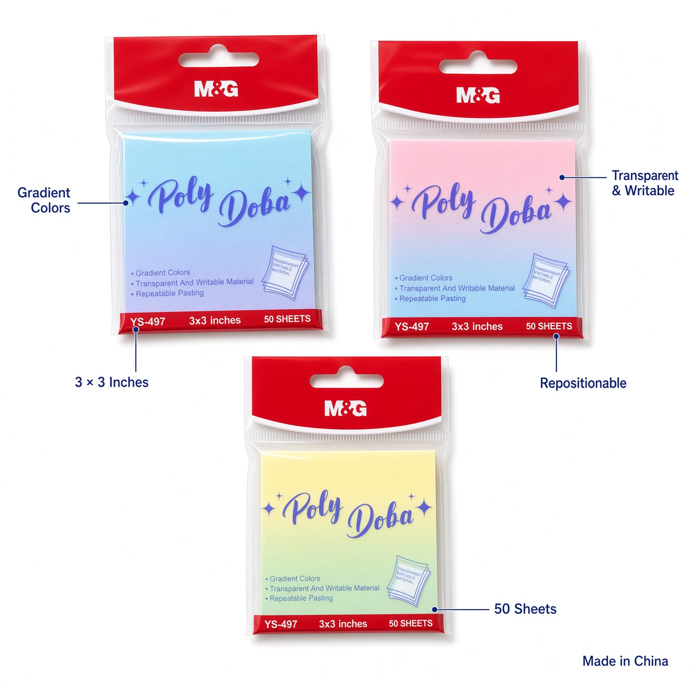 M&G Chenguang Poly Doba Sticky Notes – Gradient Colors, Transparent & Writable, Repositionable, 50 Sheets, 3 × 3 Inches - 1pcs - No: YS-497