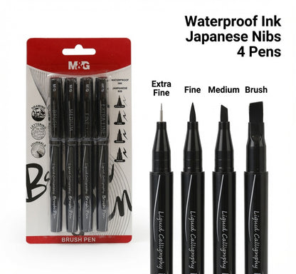 M&G Chenguang Professional Calligraphy Brush Pen Set – 4 Black Pens (Extra Fine, Fine, Medium & Brush Tips) | Waterproof Ink - No: HARP2574