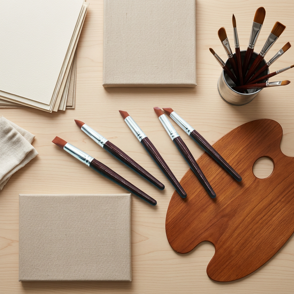 Preparation brush set 5 pieces flatlay with palette and canvas