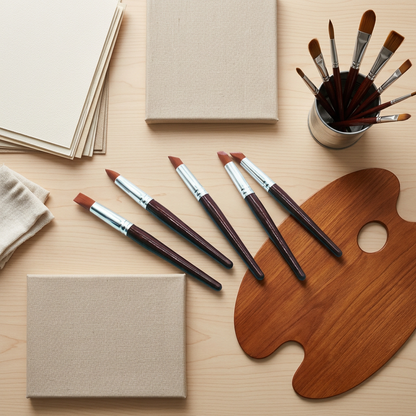 Preparation brush set 5 pieces flatlay with palette and canvas