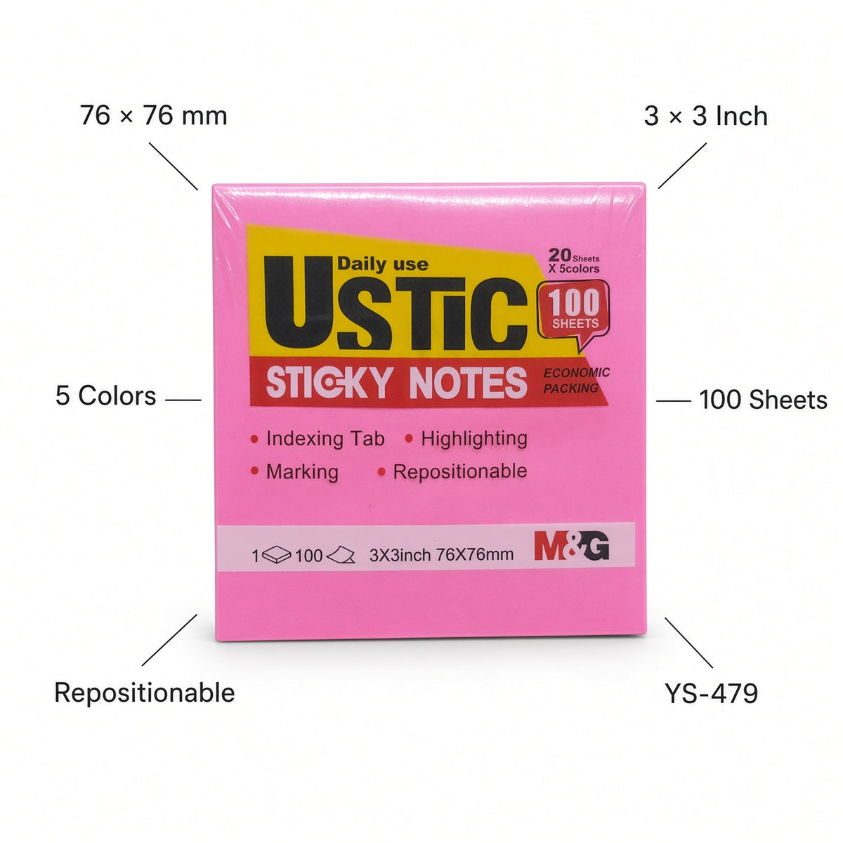 M&G Chenguang USTIC Sticky Notes 3 × 3 Inch (76 × 76 mm) – 100 Sheets, 5 Assorted Colors – Repositionable Memo Notes - No: YS-479