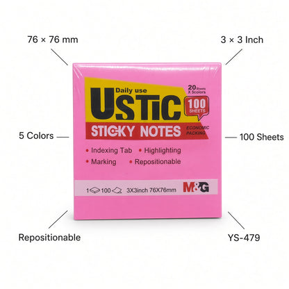 M&G Chenguang USTIC Sticky Notes 3 × 3 Inch (76 × 76 mm) – 100 Sheets, 5 Assorted Colors – Repositionable Memo Notes - No: YS-479