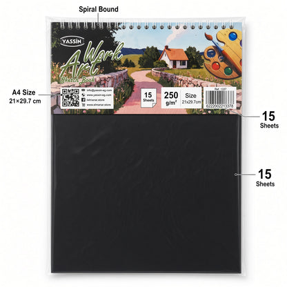 YASSIN Art Work Sketch Book A4 – 15 Sheets, 250 GSM, Spiral Bound Drawing & Sketch Pad white paper, 21 × 29.7 cm  - No: 1337