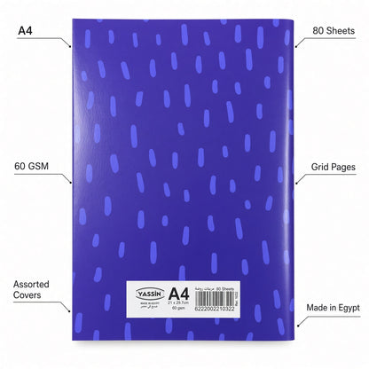 Yassin A4 Notebook 80 Sheets 60 GSM – Ruled/Grid Pages, Assorted Color & Printed Covers - No: 1032