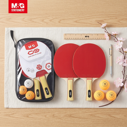 M&G table tennis set with paddles, balls and carry case flatlay