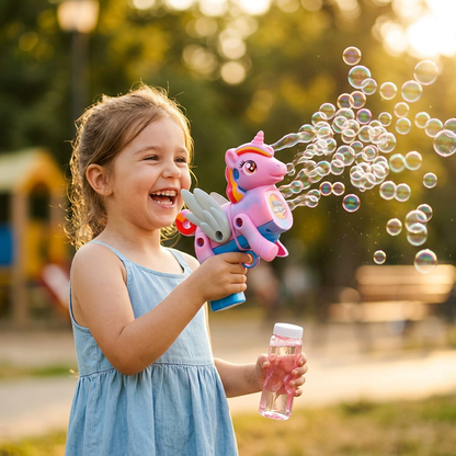 Girl using the unicorn bubble gun blowing bubbles outdoors