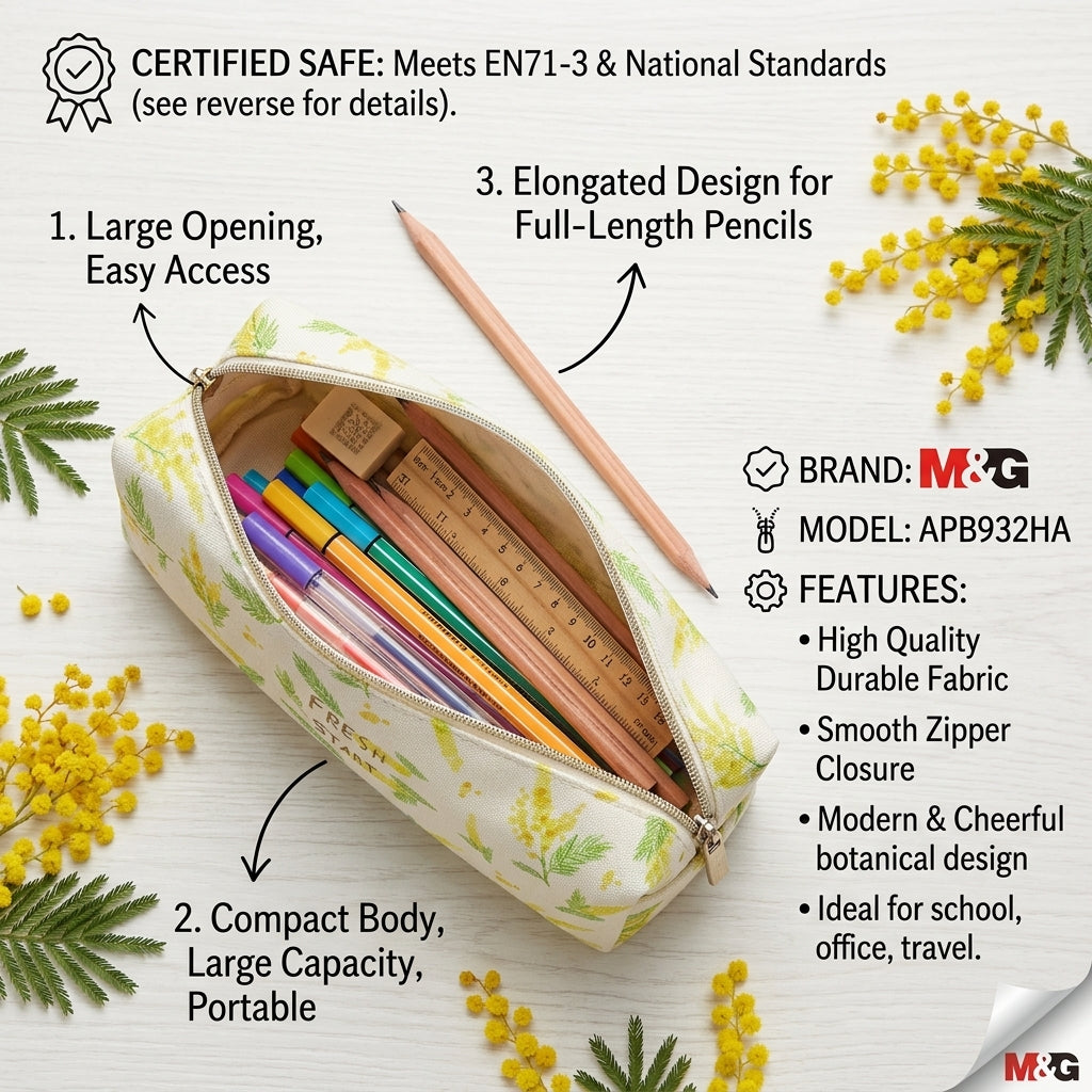 M&G Chenguang Fresh Start Floral Fabric Pencil Case – White & Green – 1pcs - No: APB932HA