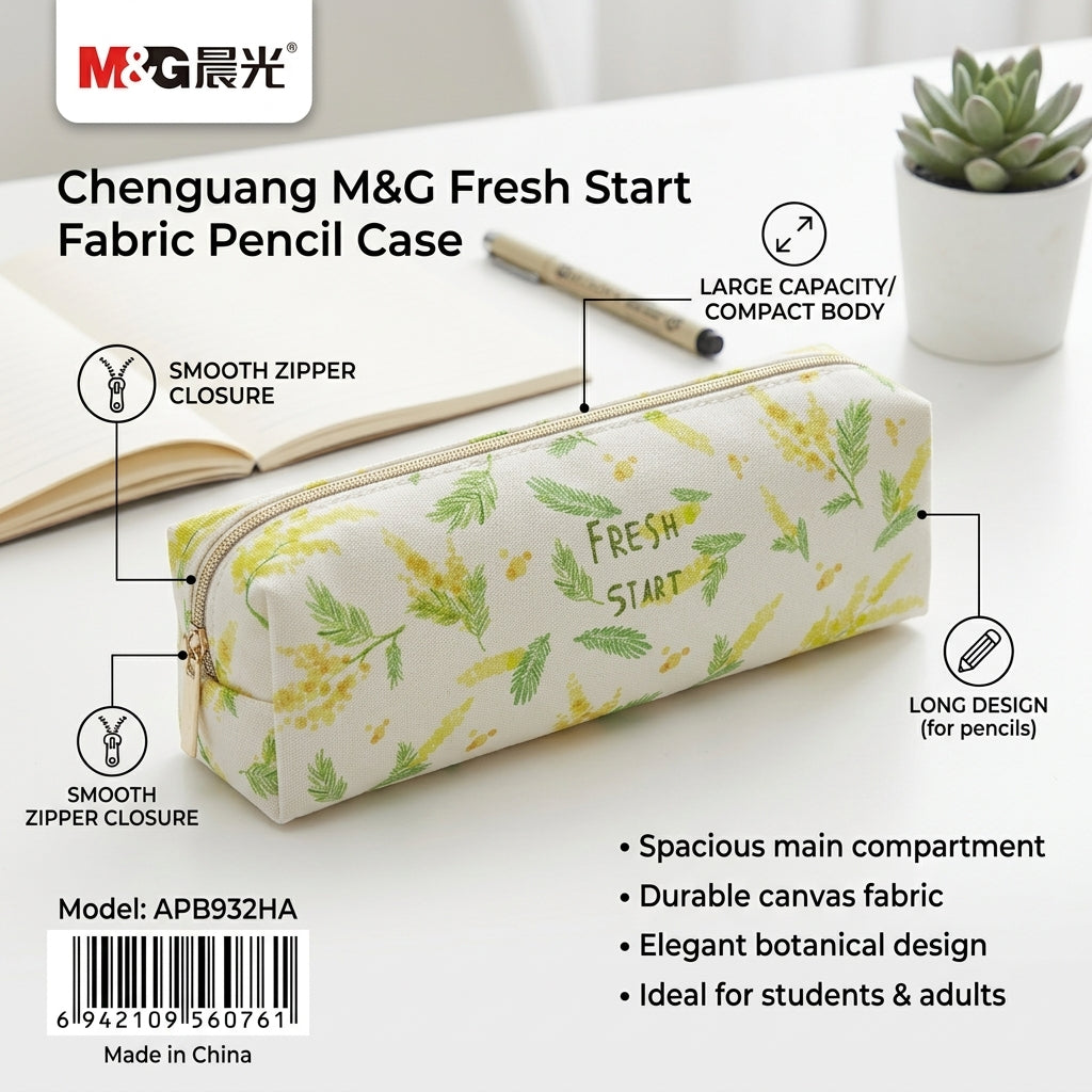 M&G Chenguang Fresh Start Floral Fabric Pencil Case – White & Green – 1pcs - No: APB932HA
