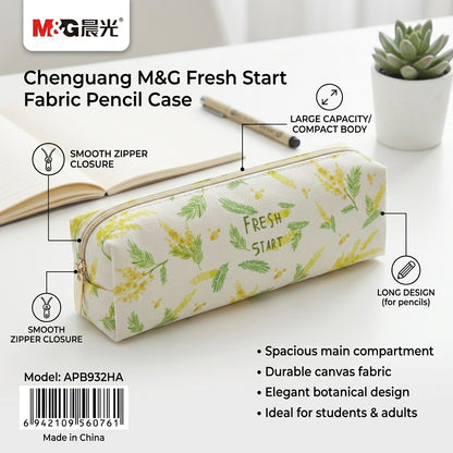 M&G Chenguang Fresh Start Floral Fabric Pencil Case – White & Green – 1pcs - No: APB932HA
