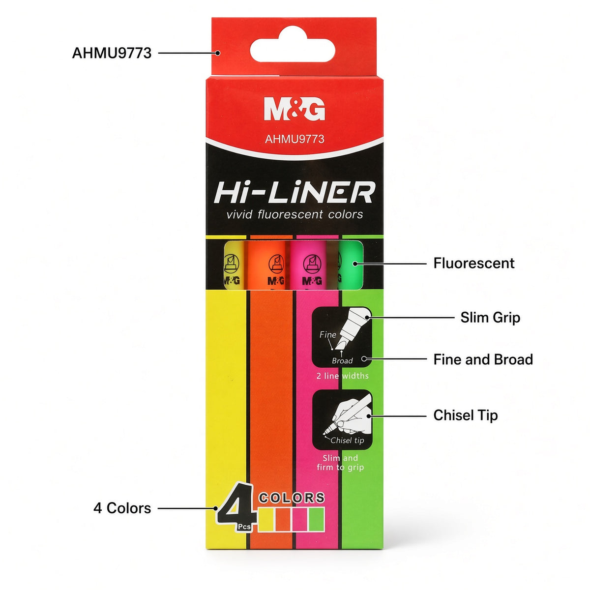M&G Chenguang Hi-Liner Fluorescent Highlighter Set – 4 Colors, Chisel Tip, Fine & Broad Lines – 1pcs - No: AHMU9773