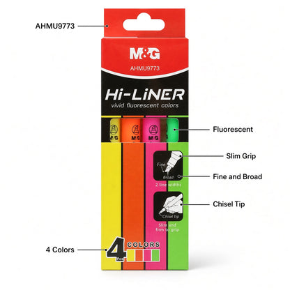 M&G Chenguang Hi-Liner Fluorescent Highlighter Set – 4 Colors, Chisel Tip, Fine & Broad Lines – 1pcs - No: AHMU9773