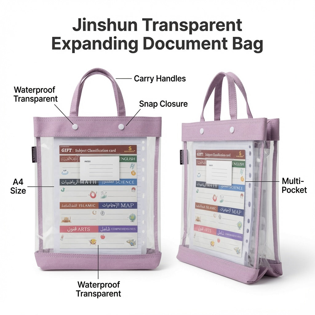 Jinshun Transparent Expanding Document Bag with Handles – A4 Waterproof File Organizer, Snap Closure, Multi-Pocket School & Office Folder - 1pcs