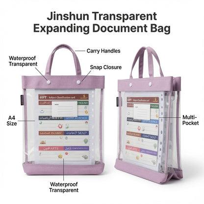 Jinshun Transparent Expanding Document Bag with Handles – A4 Waterproof File Organizer, Snap Closure, Multi-Pocket School & Office Folder - 1pcs