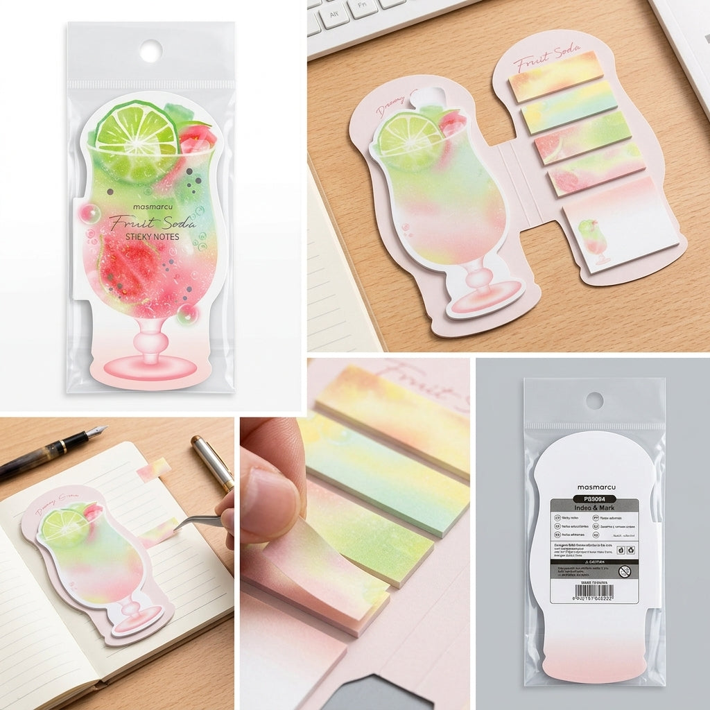 M&G Chenguang Masmarcu Fruit Soda Shaped Sticky Notes with Index Tabs – Decorative Memo Pad & Page Markers, Repositionable Adhesive - 1pcs- No:PS0094