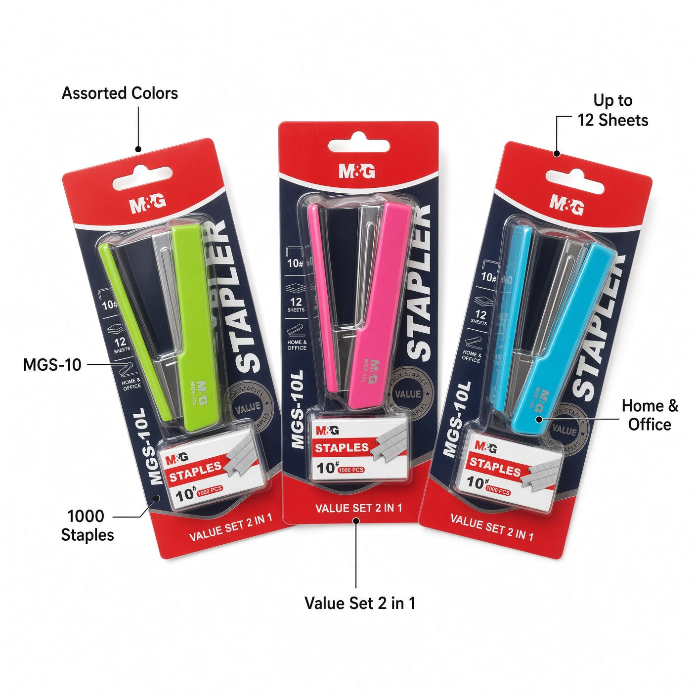 M&G Chenguang MGS-10 Mini Stapler Set with 1000 No. 10 Staples – Compact 2-in-1 Value Set, Assorted Colors - 1pcs - No: ABS916MG