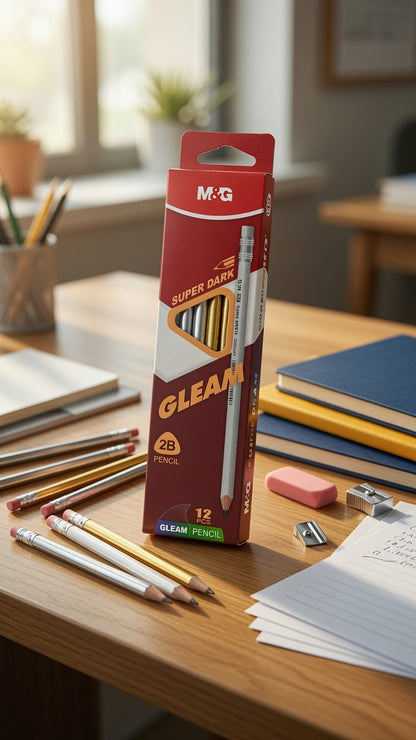 M&G Chenguang GLEAM 2B Wooden Pencils With Eraser – 12-Pack, Super Dark Graphite, Break-Resistant, Smooth Writing, School & Office Use  - No: AWP309E2