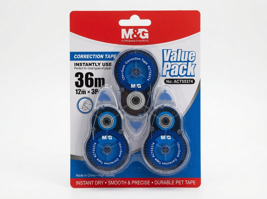 M&G Chenguang Correction Tape Value Pack – 3 Pack, 12m x 5mm Each, Instant Dry White Correction Tape for School, Office & Home - 1 pack - No: ACT55374