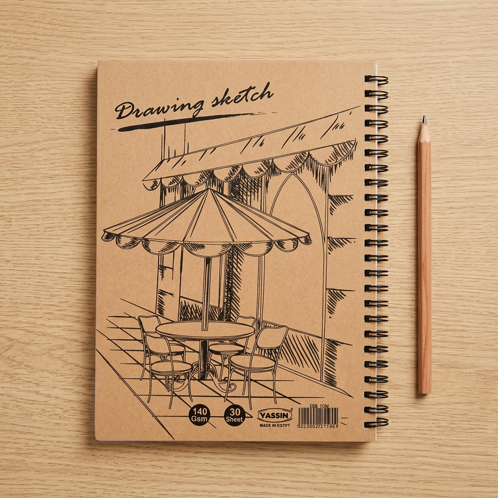 Yassin silk sketchbook flatlay with pencil