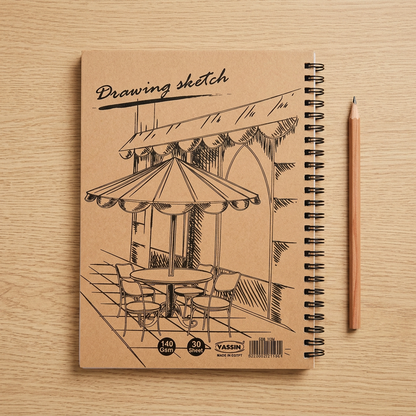 Yassin silk sketchbook flatlay with pencil