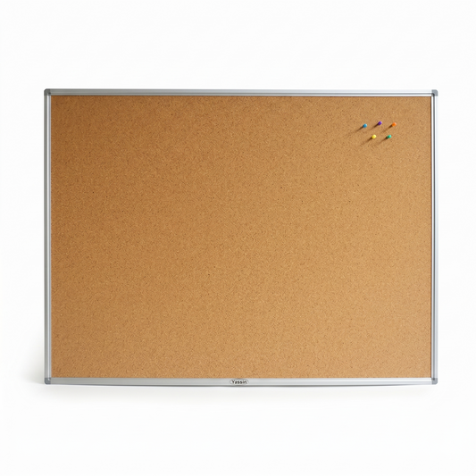 Cork bulletin board with a silver frame on a white background