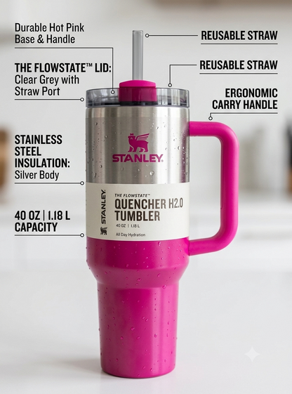 Stanley Quencher H2.0 40 oz (1.18L) Insulated Tumbler with Handle & Straw Lid – Pink Ombre Stainless Steel